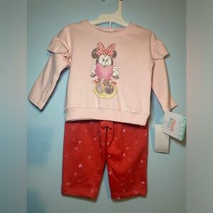 Disney Infant Girls Pink & Red Heart Minnie Mouse Outfit Pants & Sweatshirt
